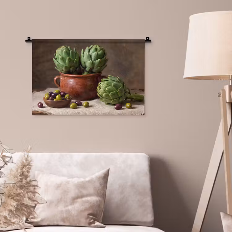 Wall Hanging - Artichokes - Olives - Food - Artisjokken - Olijven - Eten Wandkleed katoen klein