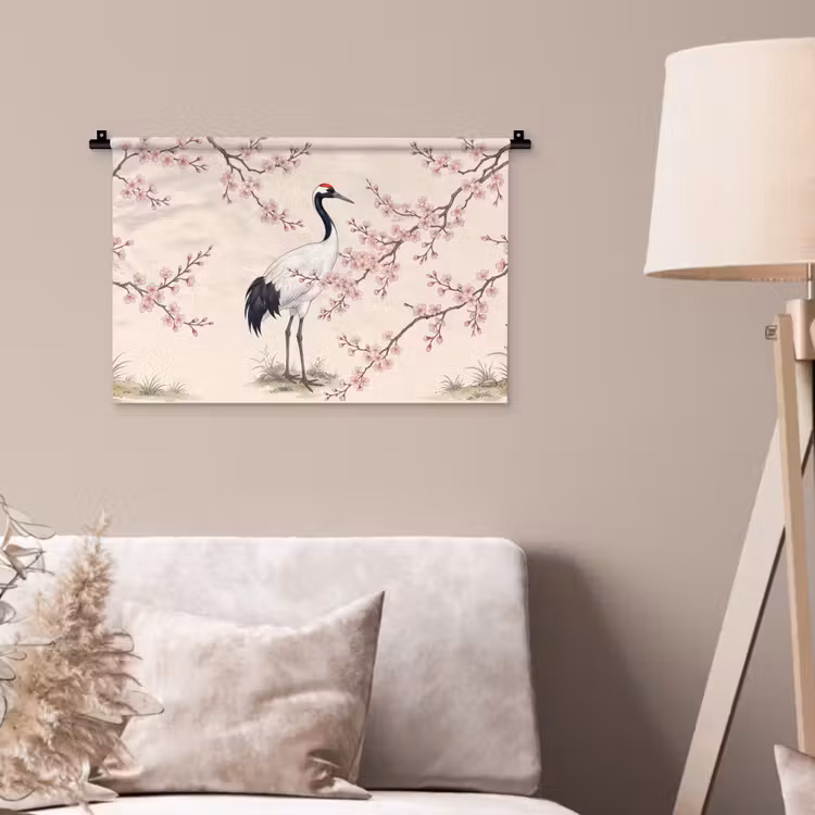 Aziatisch - Kraanvogel - Beige Wandkleed katoen klein -sfeer4