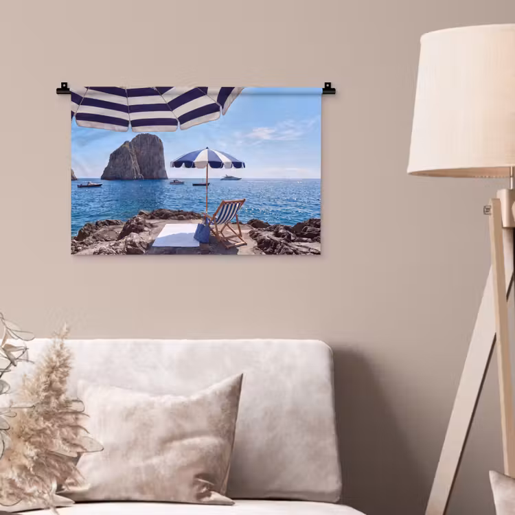 Strand - Ligstoel - Parasol - Zomer - Blauw Wandkleed katoen klein -sfeer4