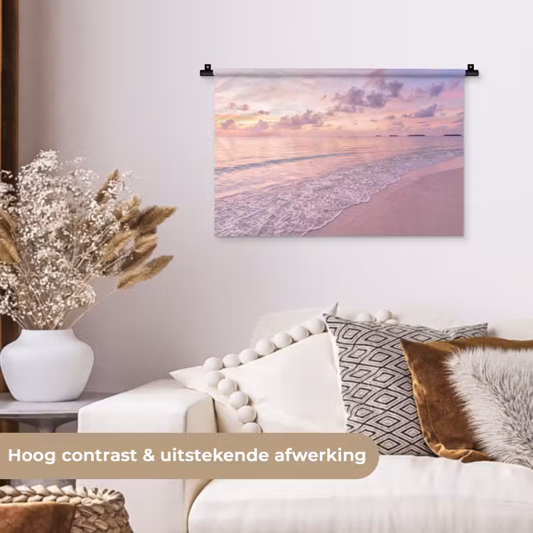 Strand - Zonsondergang - Natuur - Minimalistisch - Roze Wandkleed katoen klein -sfeer1
