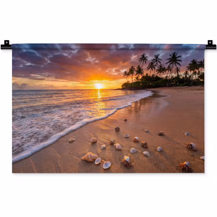 Strand - Zonsondergang - Palmbomen - Natuur - Oranje Wandkleed katoen klein -zz3d