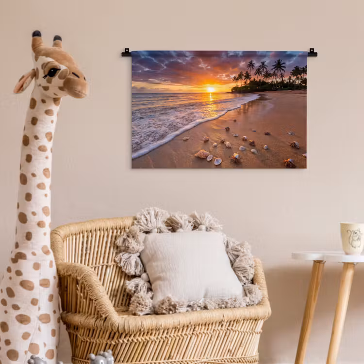 Strand - Zonsondergang - Palmbomen - Natuur - Oranje Wandkleed katoen klein -wsfeer5_kind