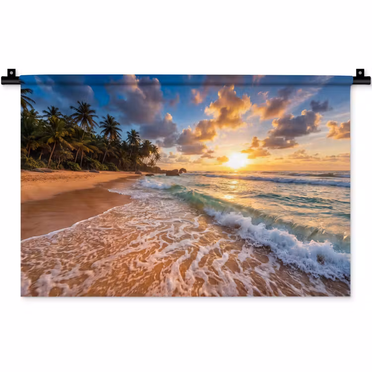 Strand - Zonsondergang - Golven - Natuur - Goud Wandkleed katoen klein -zz3d