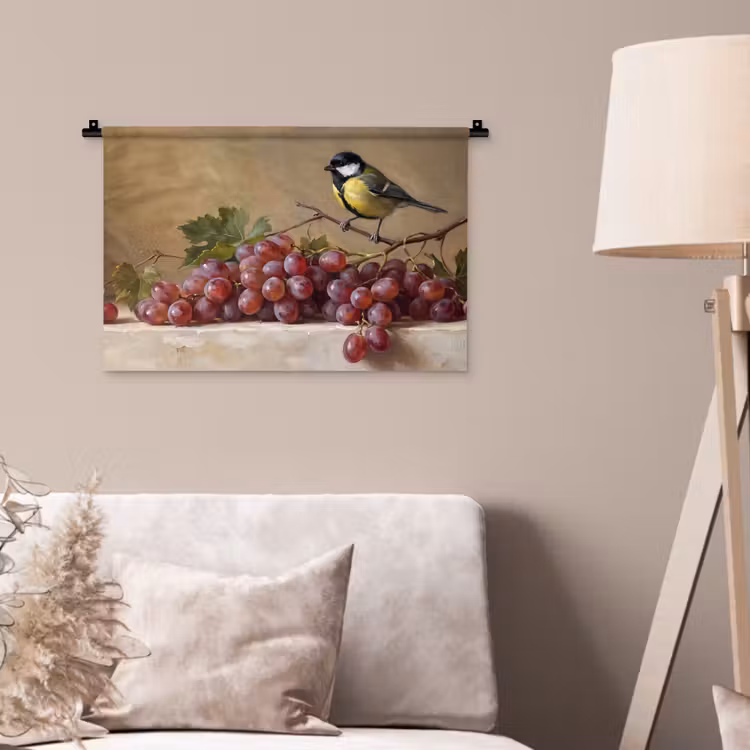 Wall Hanging - Bird - Grapes - Still Life - Vogel - Druiven - Stilleven Wandkleed katoen klein
