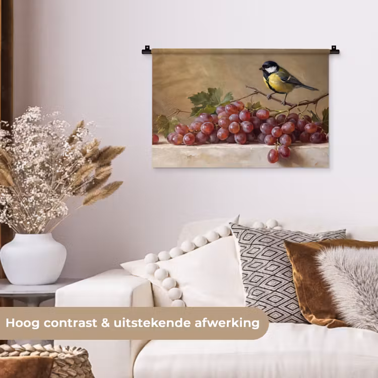 Wall Hanging - Bird - Grapes - Still Life - Vogel - Druiven - Stilleven Wandkleed katoen klein
