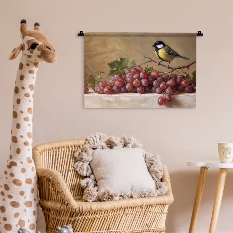 Wall Hanging - Bird - Grapes - Still Life - Vogel - Druiven - Stilleven Wandkleed katoen klein