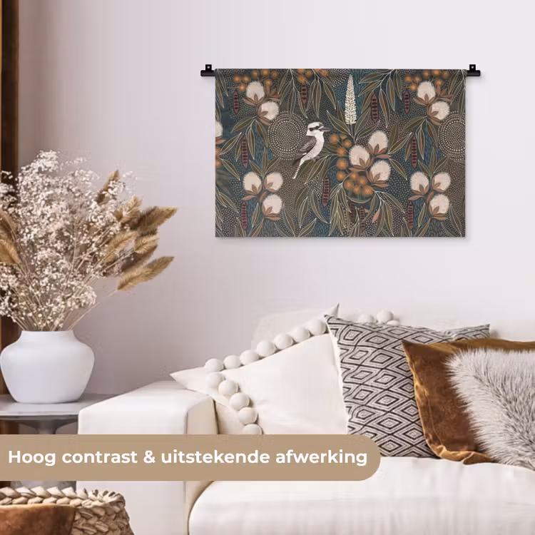 Vogel - Bladeren - Natuur - Illustratie - Groen Wandkleed katoen klein -sfeer1