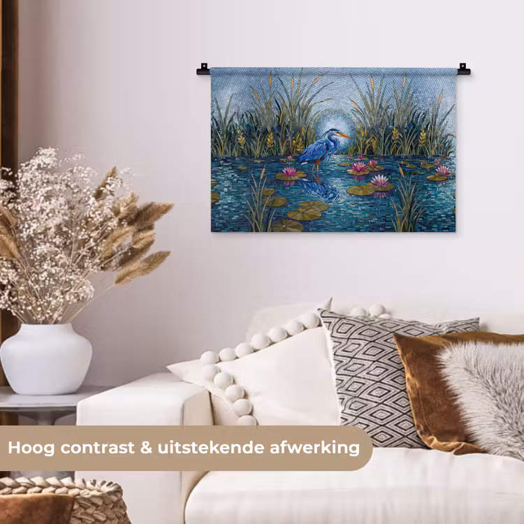 Vogel - Water - Natuur - Abstract - Blauw Wandkleed katoen klein -sfeer1