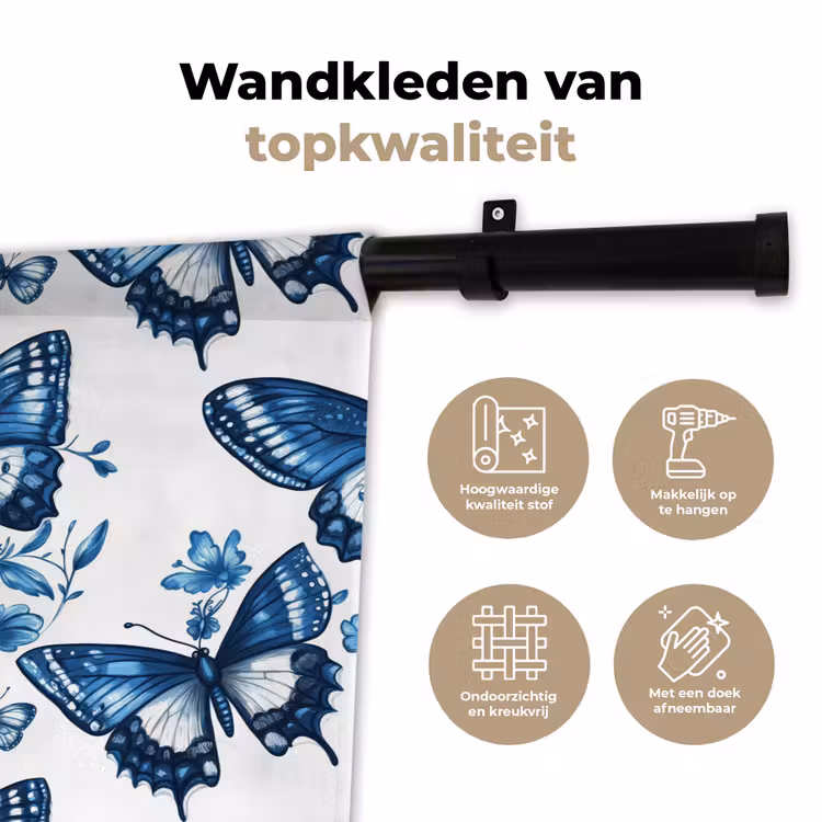 Blauw - Vlinders - Bloemen - Wit Wandkleed katoen klein 269 -sfeer2