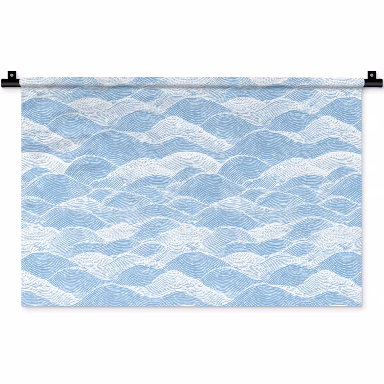 Blauw - Wit - Golven - Getekend Wandkleed katoen klein 269 -zz3d