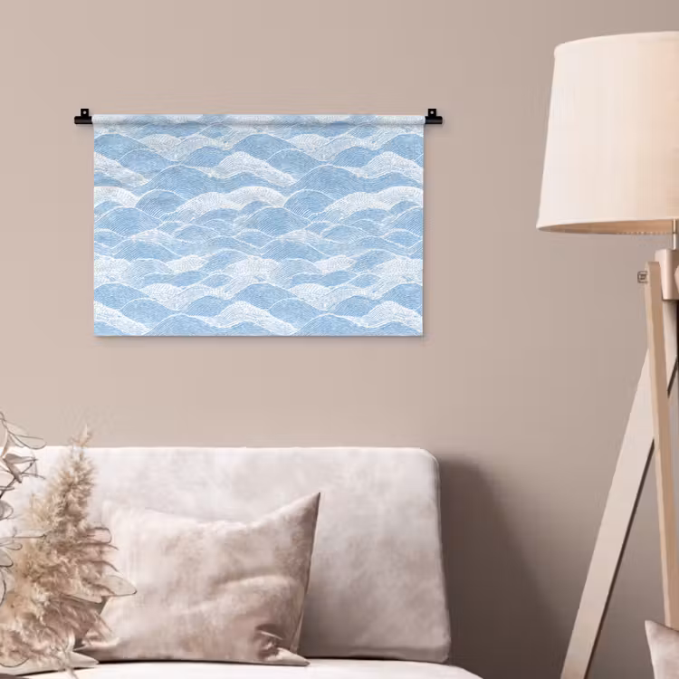 Blauw - Wit - Golven - Getekend Wandkleed katoen klein 269 -sfeer4