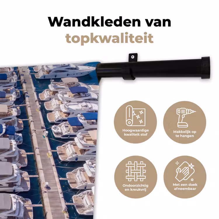 Boot - Jachthaven - Water - Zomer - Blauw Wandkleed katoen klein -sfeer2
