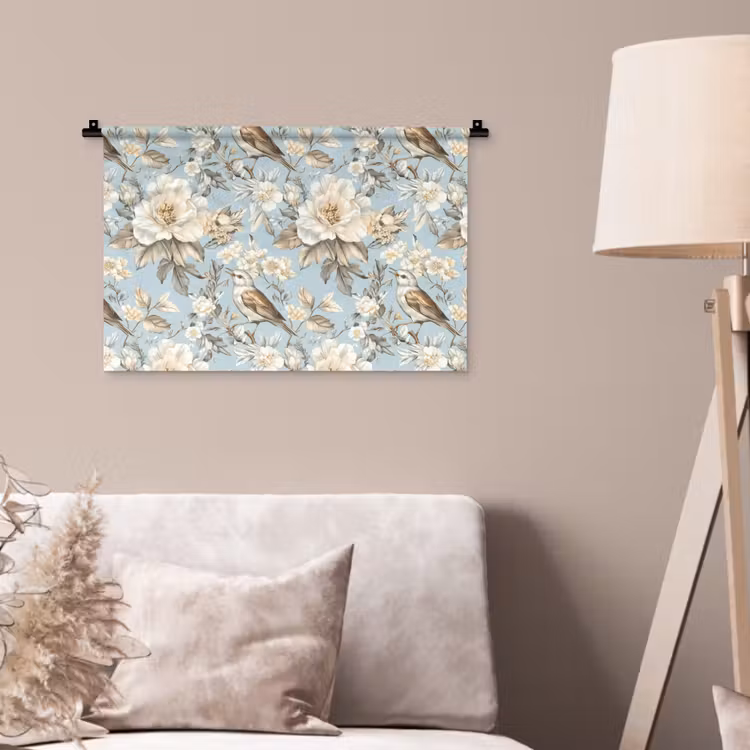 Botanisch - Zangvogel - Blauw Wandkleed katoen klein 269 -sfeer4