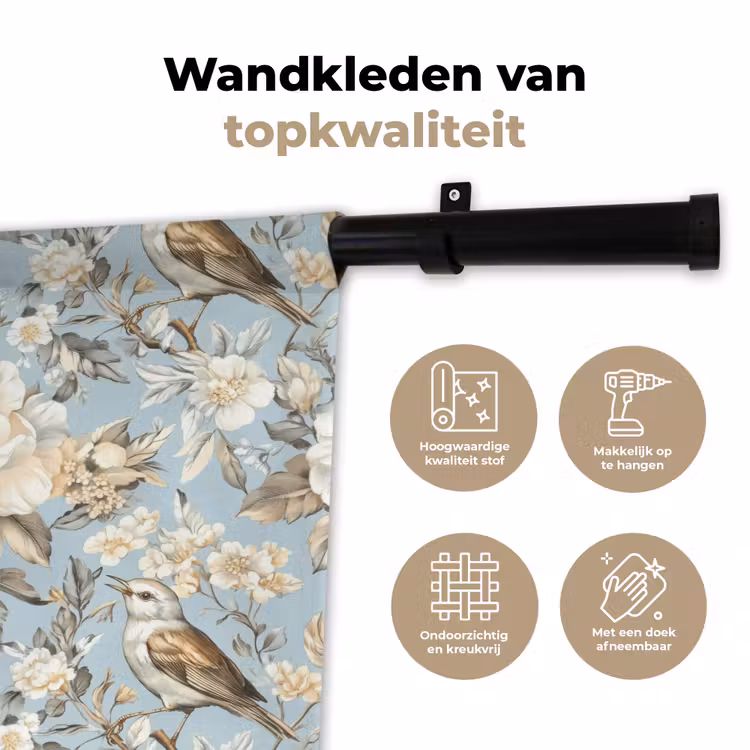 Botanisch - Zangvogel - Blauw Wandkleed katoen klein 269 -sfeer2