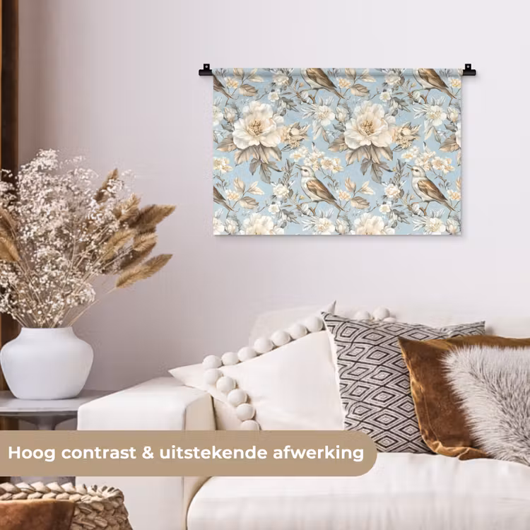 Botanisch - Zangvogel - Blauw Wandkleed katoen klein 269 -sfeer1