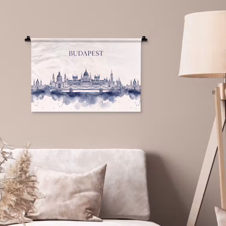 Boedapest - Skyline - Architectuur - Aquarel - Blauw Wandkleed katoen klein -sfeer4