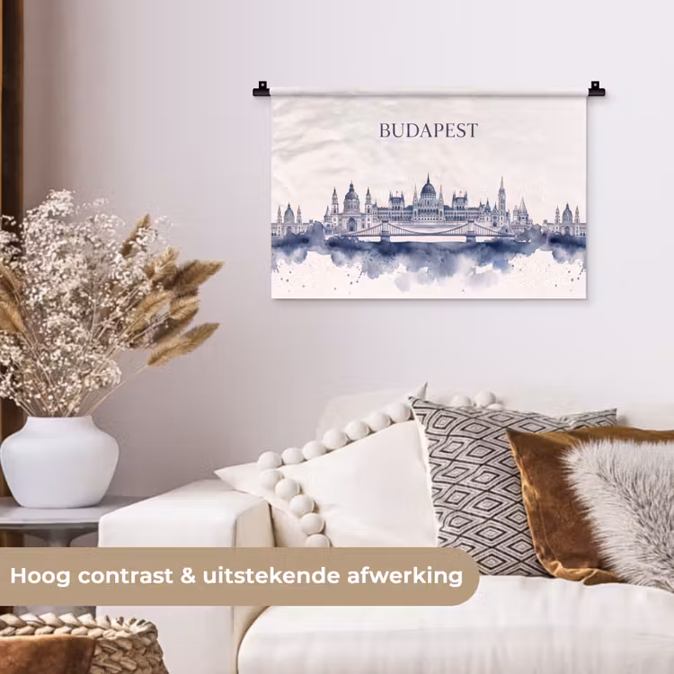 Boedapest - Skyline - Architectuur - Aquarel - Blauw Wandkleed katoen klein -sfeer1