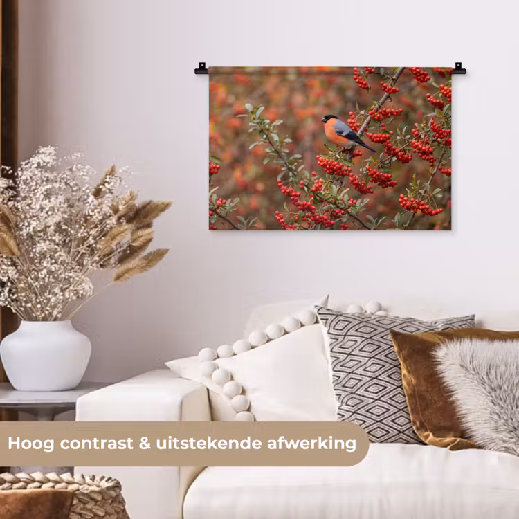 Goudvink - Bessen - Herfst - Natuur - Kleurrijk Wandkleed katoen klein -sfeer1