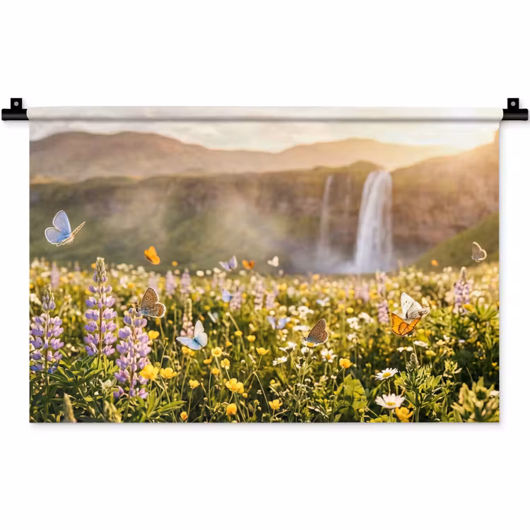 Vlinders - Waterval - Bloemenveld Wandkleed katoen klein -zz3d