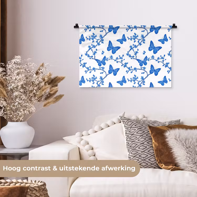 Vlinder - Bloemen - Blauw Wandkleed katoen klein 269 -sfeer1