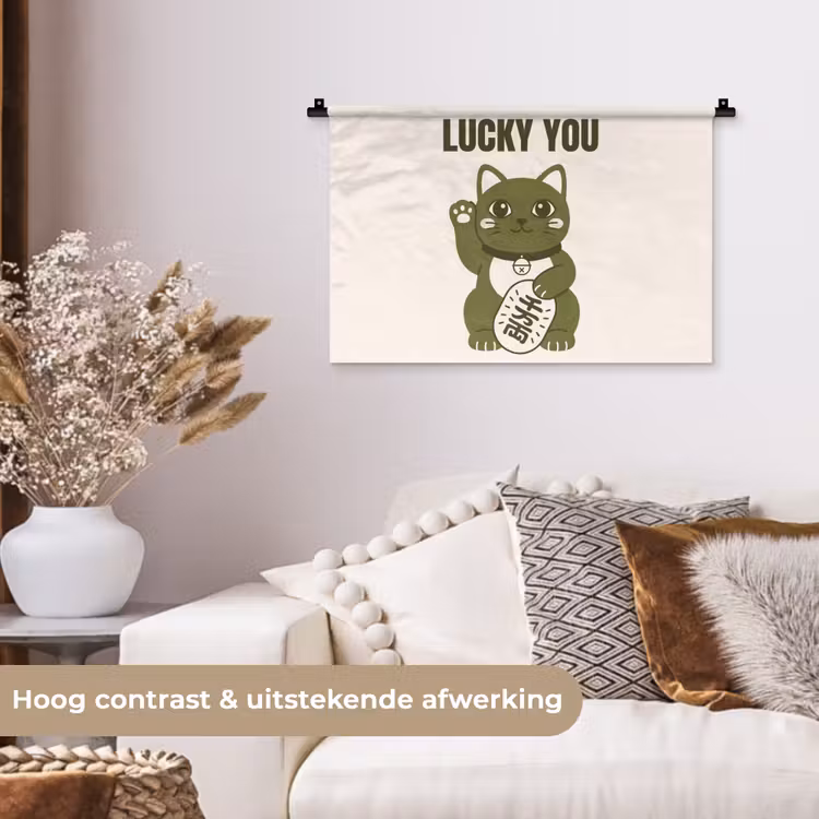 Kat - Geluk - Dieren - Modern - Groen Wandkleed katoen klein -sfeer1