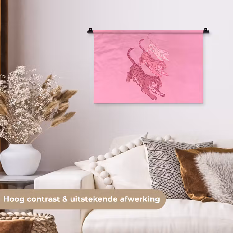 Kat - Springend - Dieren - Roze - Modern Wandkleed katoen klein -sfeer1