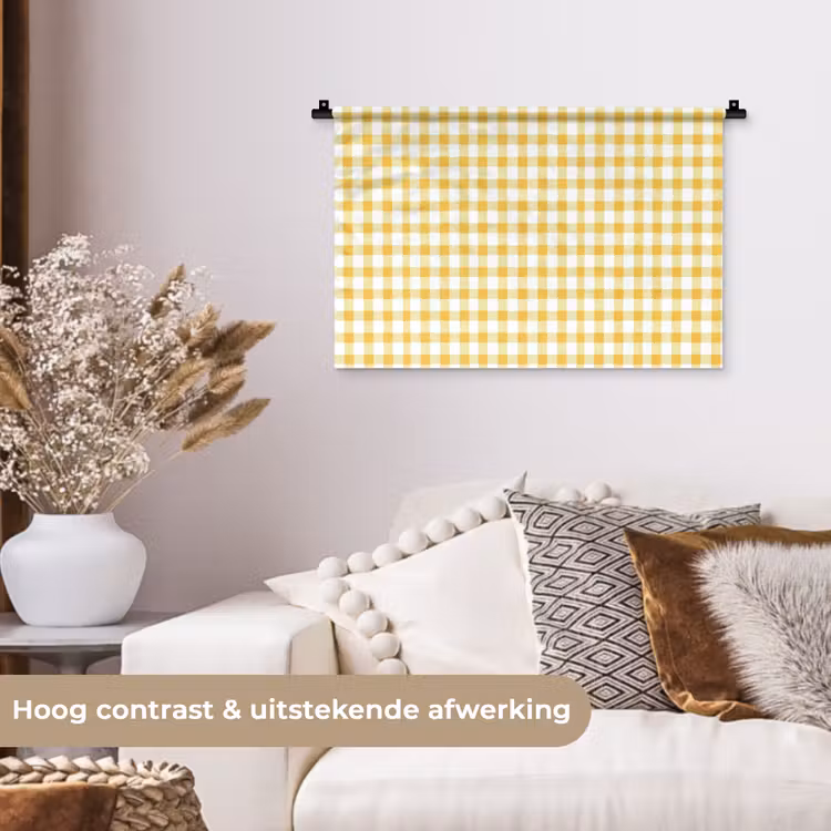 Ruit - Gingham - Klassiek - Geel en Wit Wandkleed katoen klein 269 -sfeer1
