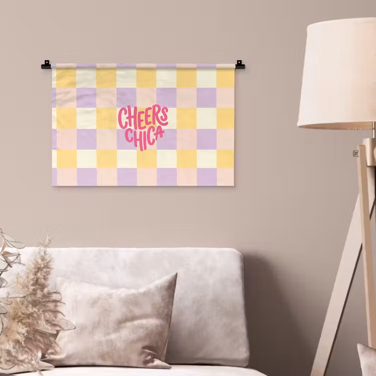 Cheers Chica - Ruitjes - Lila - Geel Wandkleed katoen klein -sfeer4