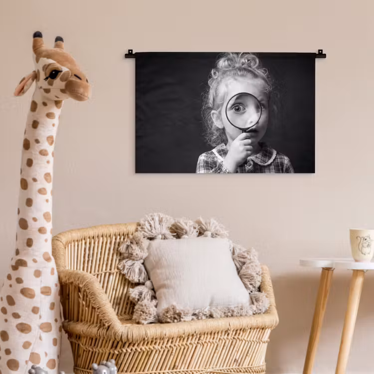 Kind - Vergrootglas - Portret - Zwart-wit Wandkleed katoen klein -wsfeer5_kind