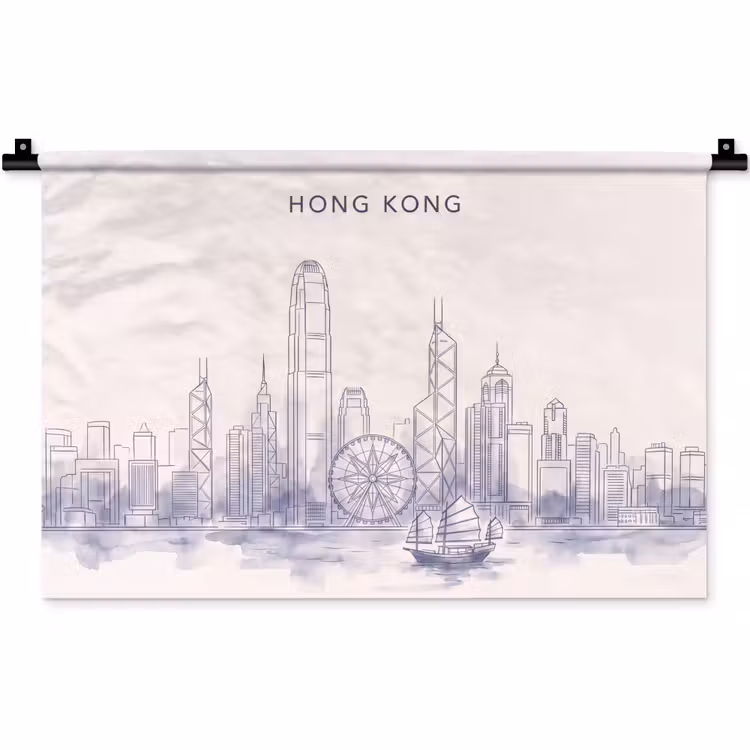 Stad - Skyline - Water - Lijntekening - Blauw Wandkleed katoen klein -zz3d