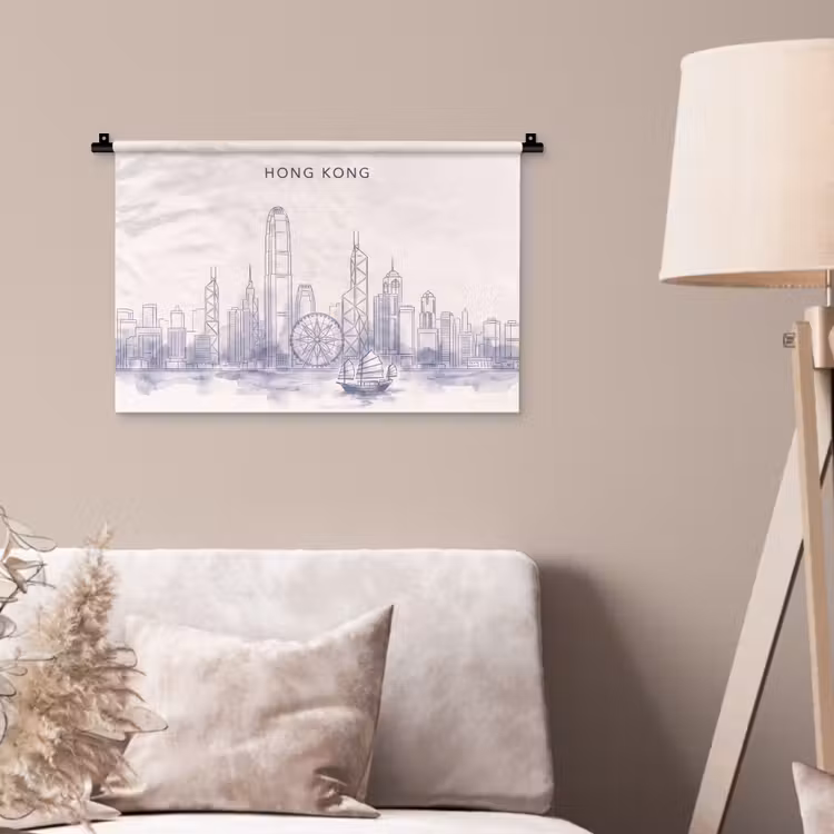 Stad - Skyline - Water - Lijntekening - Blauw Wandkleed katoen klein -sfeer4