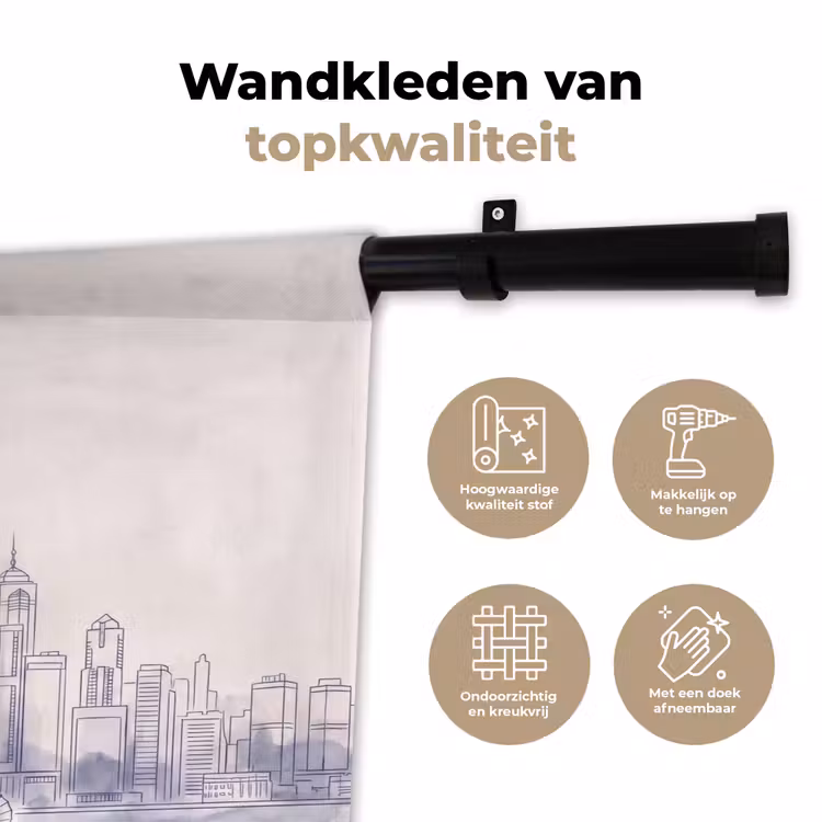 Stad - Skyline - Water - Lijntekening - Blauw Wandkleed katoen klein -sfeer2