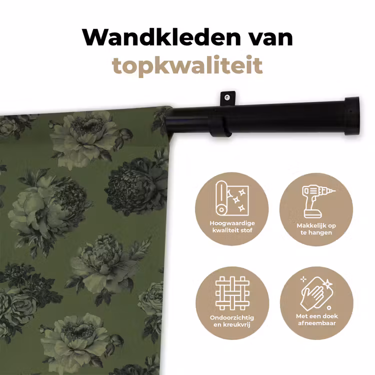 Klassiek - botanisch - olijfgroen - bloemen Wandkleed katoen klein 269 -sfeer2