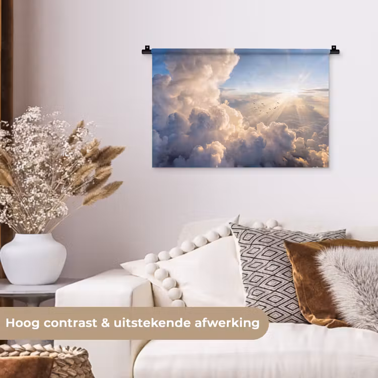Wolken - Zonnestralen - Natuur - Wit Wandkleed katoen klein -sfeer1