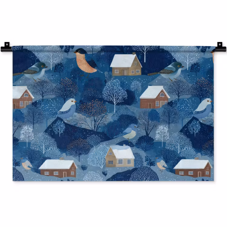 Huisjes - Vogels - Sneeuw - Winter - Blauw Wandkleed katoen klein 269 -zz3d