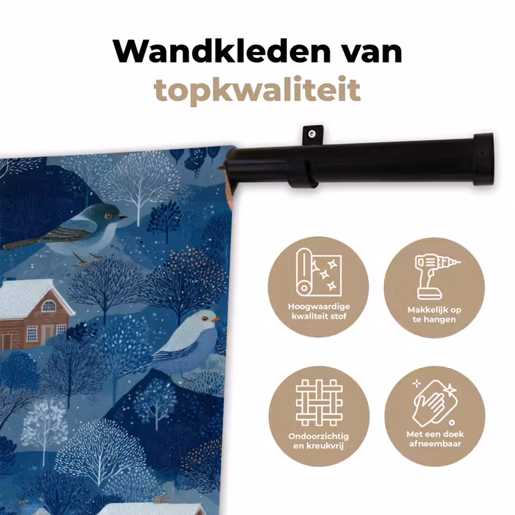 Huisjes - Vogels - Sneeuw - Winter - Blauw Wandkleed katoen klein 269 -sfeer2