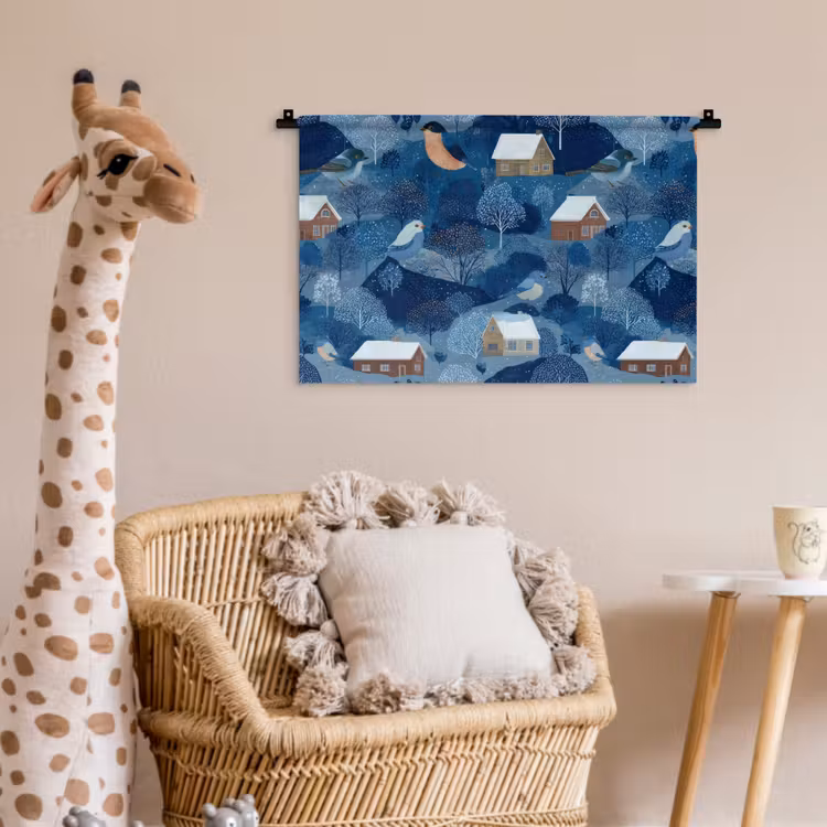 Huisjes - Vogels - Sneeuw - Winter - Blauw Wandkleed katoen klein 269 -wsfeer5_kind