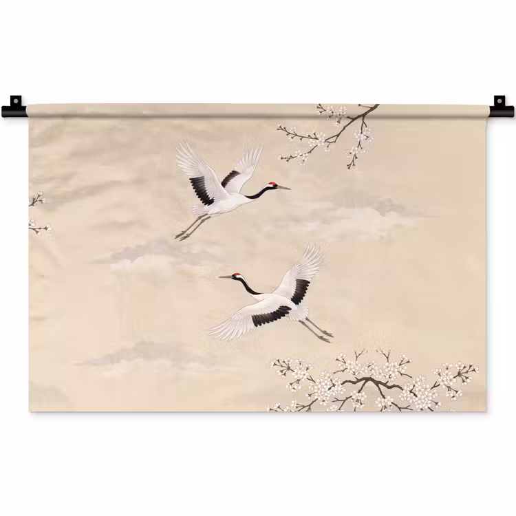 Kraanvogels - Bloesem - Beige Wandkleed katoen klein -zz3d