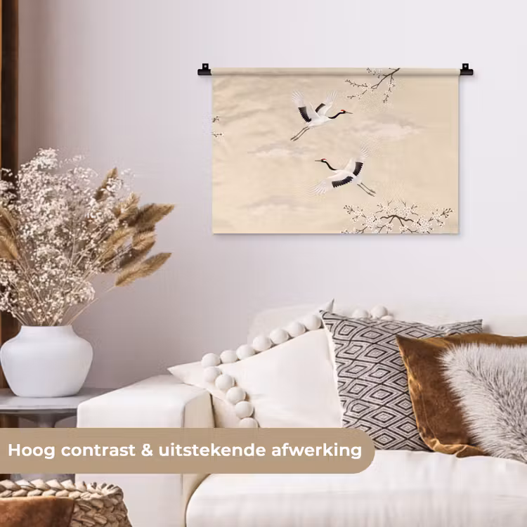 Kraanvogels - Bloesem - Beige Wandkleed katoen klein -sfeer1