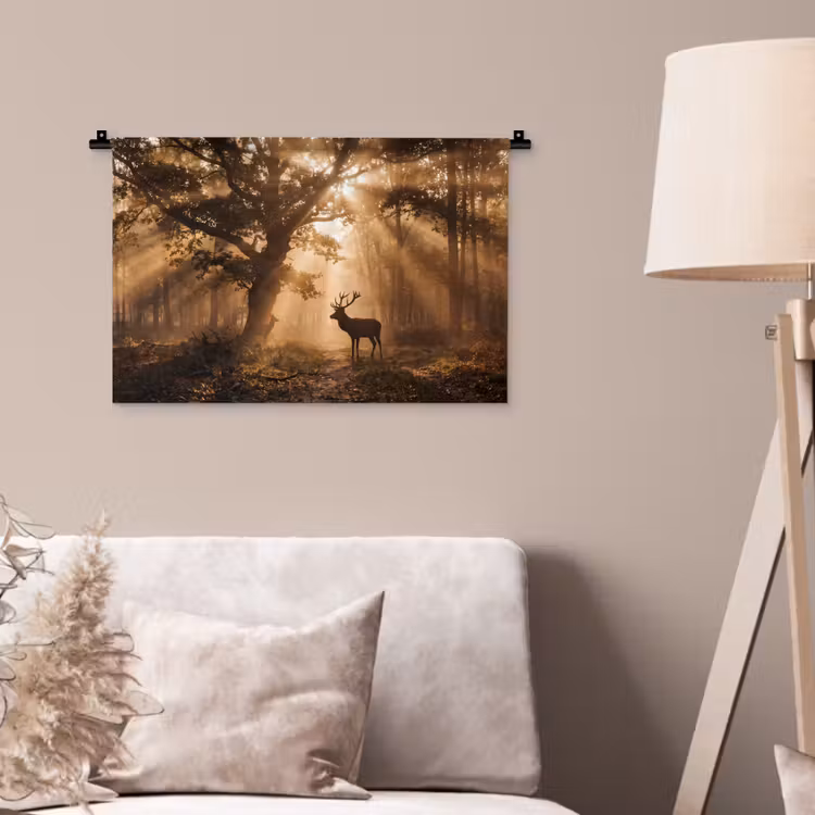 Hert - Bos - Mistig - Natuur - Goud Wandkleed katoen klein -sfeer4