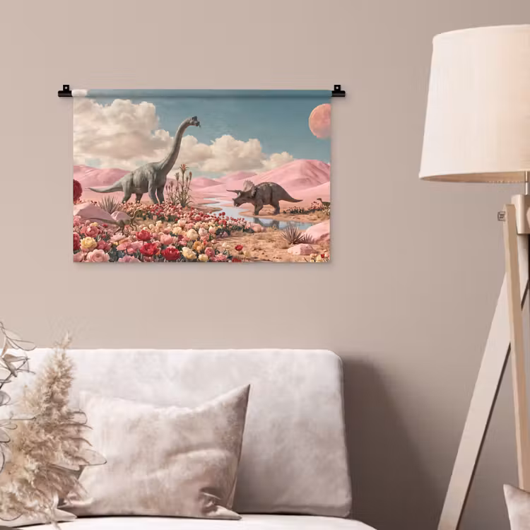 Wall Hanging - Dinosaur - Pink - Landscape - Dinosaurus - Roze - Landschap Wandkleed katoen klein