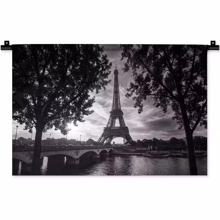 Eiffeltoren - Parijs - Rivier - Architectuur - Zwart-wit Wandkleed katoen klein -zz3d