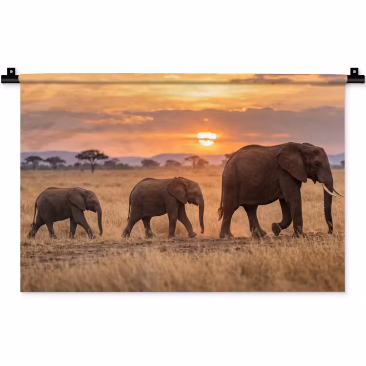 Olifanten - Savanne - Zonsondergang - Afrika - Warm Wandkleed katoen klein -zz3d
