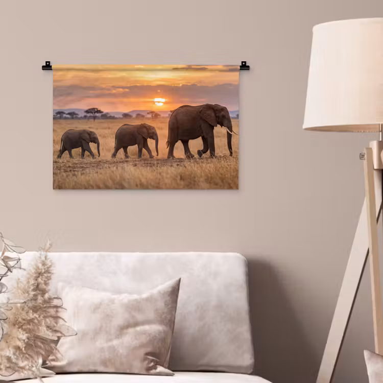 Olifanten - Savanne - Zonsondergang - Afrika - Warm Wandkleed katoen klein -sfeer4