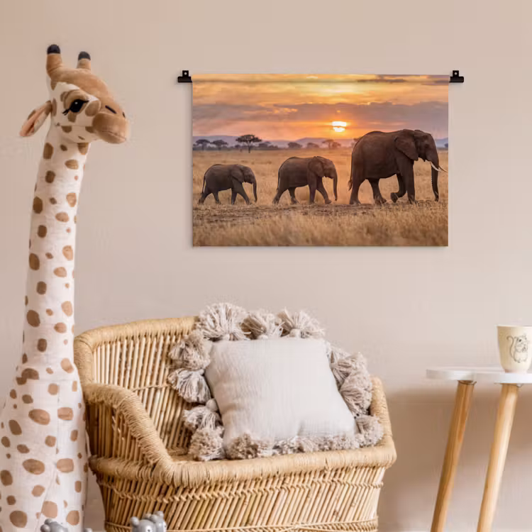 Olifanten - Savanne - Zonsondergang - Afrika - Warm Wandkleed katoen klein -wsfeer5_kind