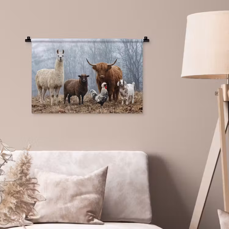 Boerderijdieren - Groep - Mist - Natuur - Rustiek Wandkleed katoen klein -sfeer4