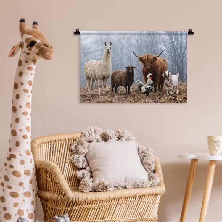 Boerderijdieren - Groep - Mist - Natuur - Rustiek Wandkleed katoen klein -wsfeer5_kind