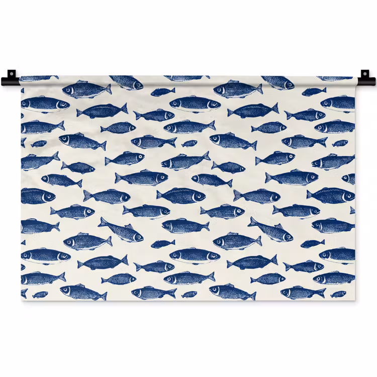 Vissen - Patroon - Blauw - Wit Wandkleed katoen klein 269 -zz3d