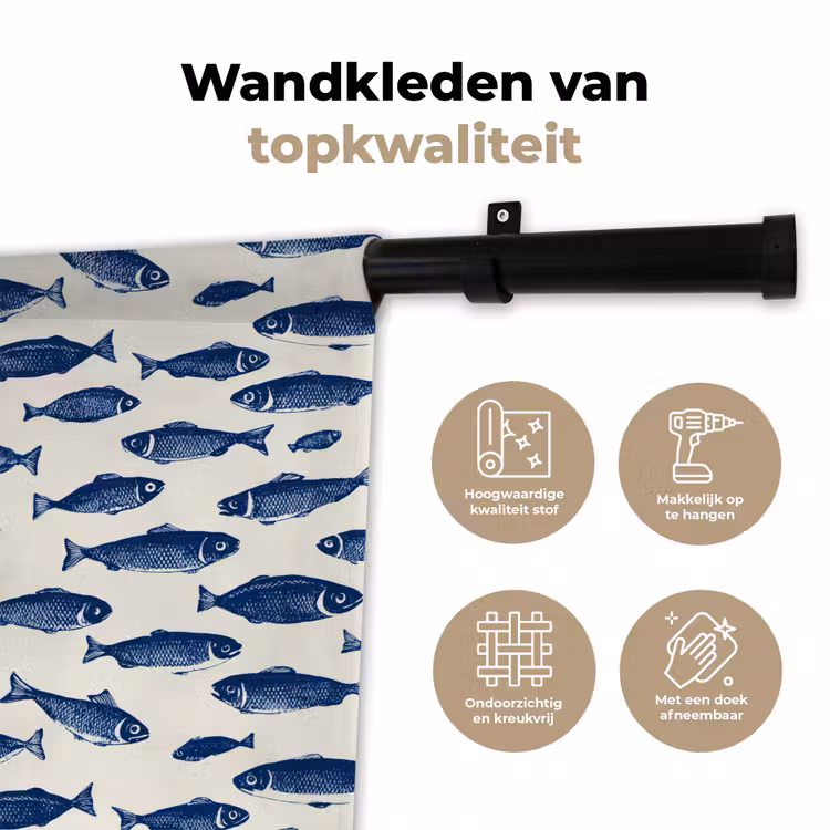 Vissen - Patroon - Blauw - Wit Wandkleed katoen klein 269 -sfeer2