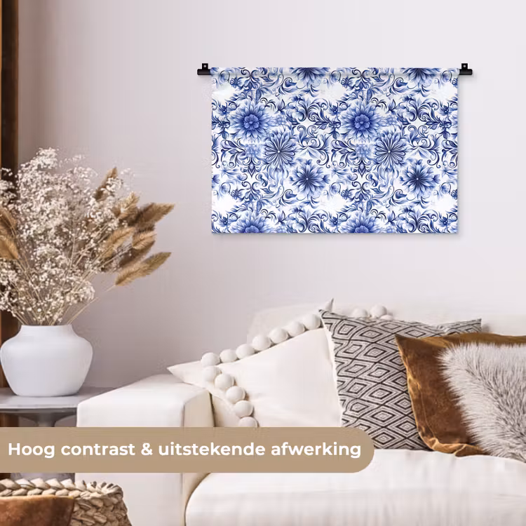 Bloemen - Blauw - Patroon - Wit Wandkleed katoen klein 269 -sfeer1
